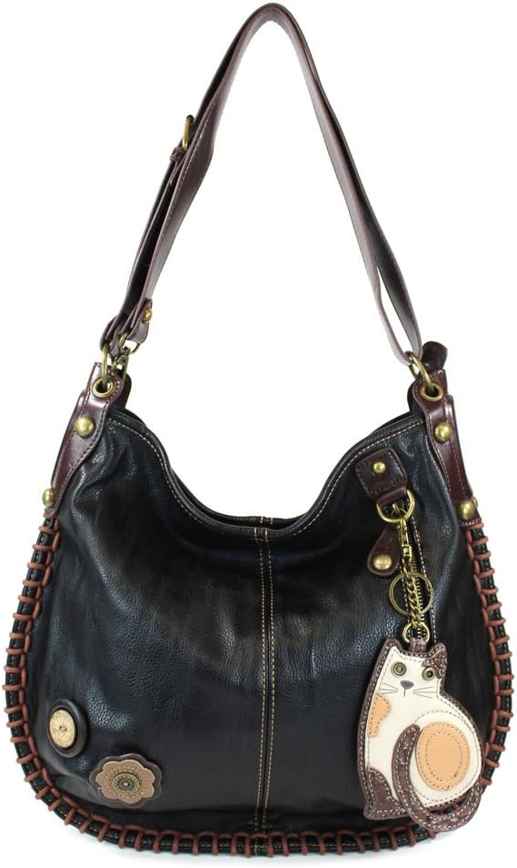 Chala Handbag Charming Hobo Large Tote Bag LAZZY CAT Black Vegan Leather Convertible