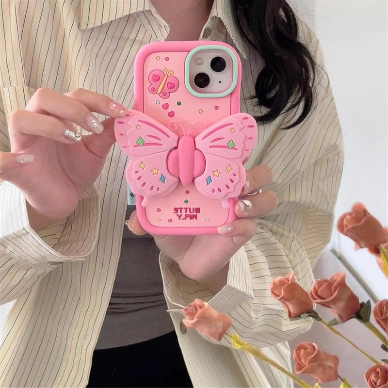 Image of COVERLY for iPhone 15 Pro Max 3D Butterfly Lovely Cartoon Case,Premium Silicone Case Wings with Folding Stand Holder Cool Full Protective Cute Kawaii Aesthetic Cover for Apple iPhone 15 Pro Max