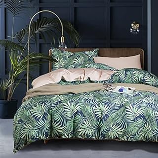 Jemiipee Floral Duvet Cover Set with Tropical Leaves Pattern, Double Size Microfiber Botanical Soft Hotel Quality Bed Bedding Sets Quilt Covers with Zipper Closure and Pillowcases - Navy Blue, Green