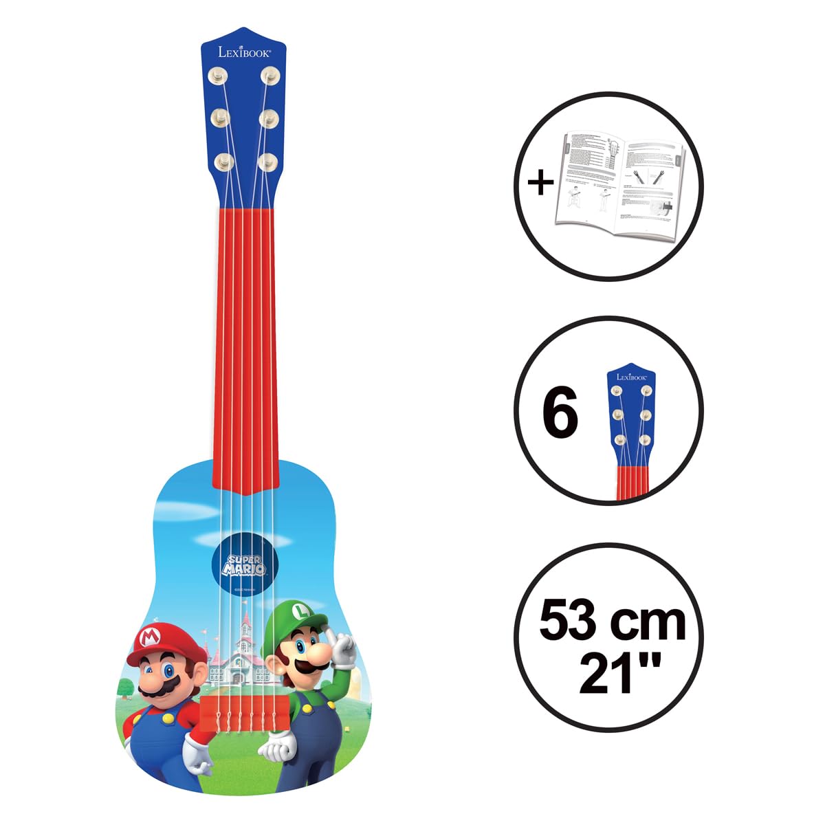 Lexibook Nintendo Mario Luigi My First Guitar, 6 Strun Nylonowych, 53 cm, Przewodnik w Zestawie, Niebieski, Czerwony, K200NI