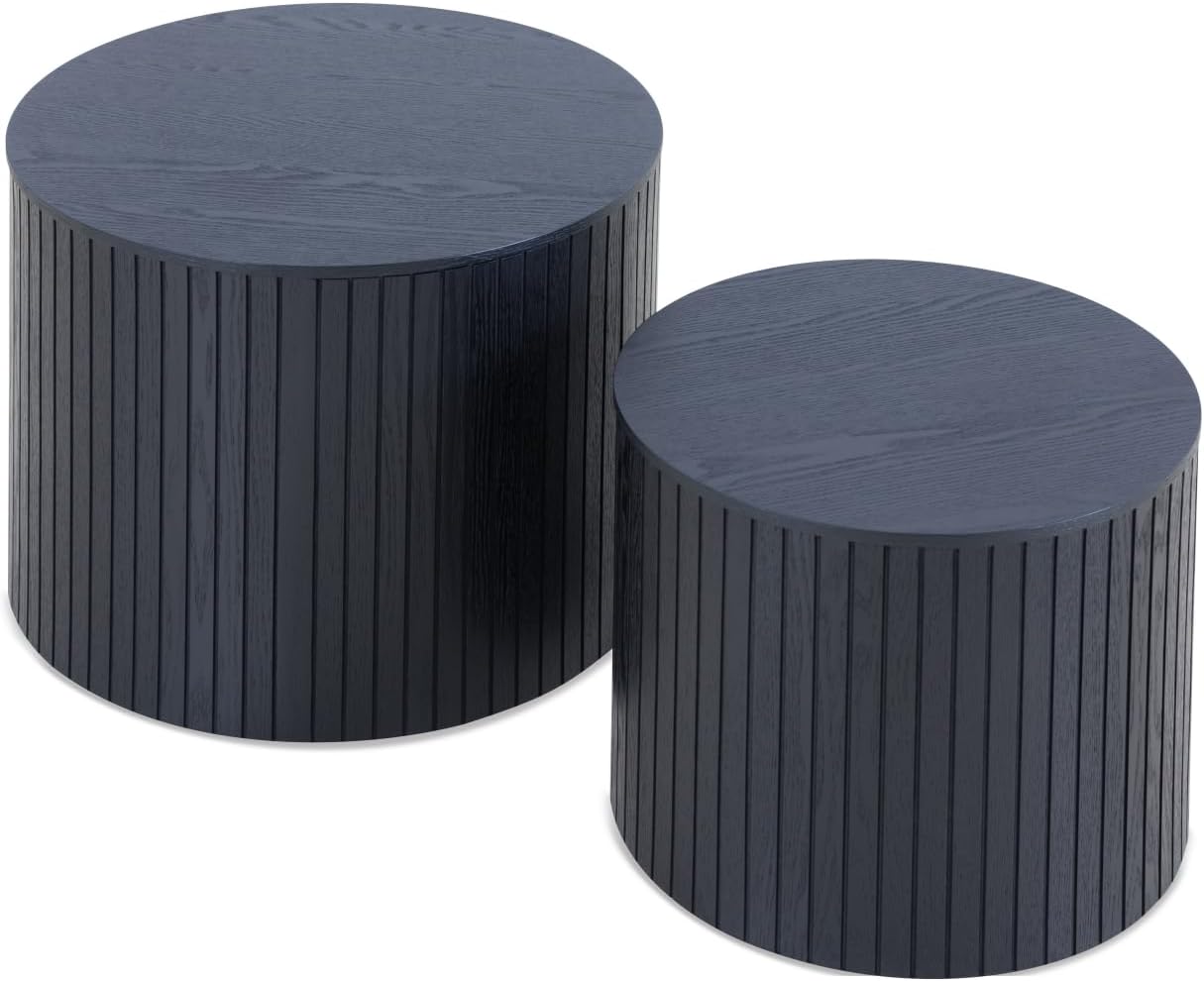 Round Nesting Coffee Table Set - Modern Side Table End Table Coffee Table Set of 2 with Hidden Storage for Living Room, Wood Circle Drum Coffee Table Contemporary Living Room End Table (Black)