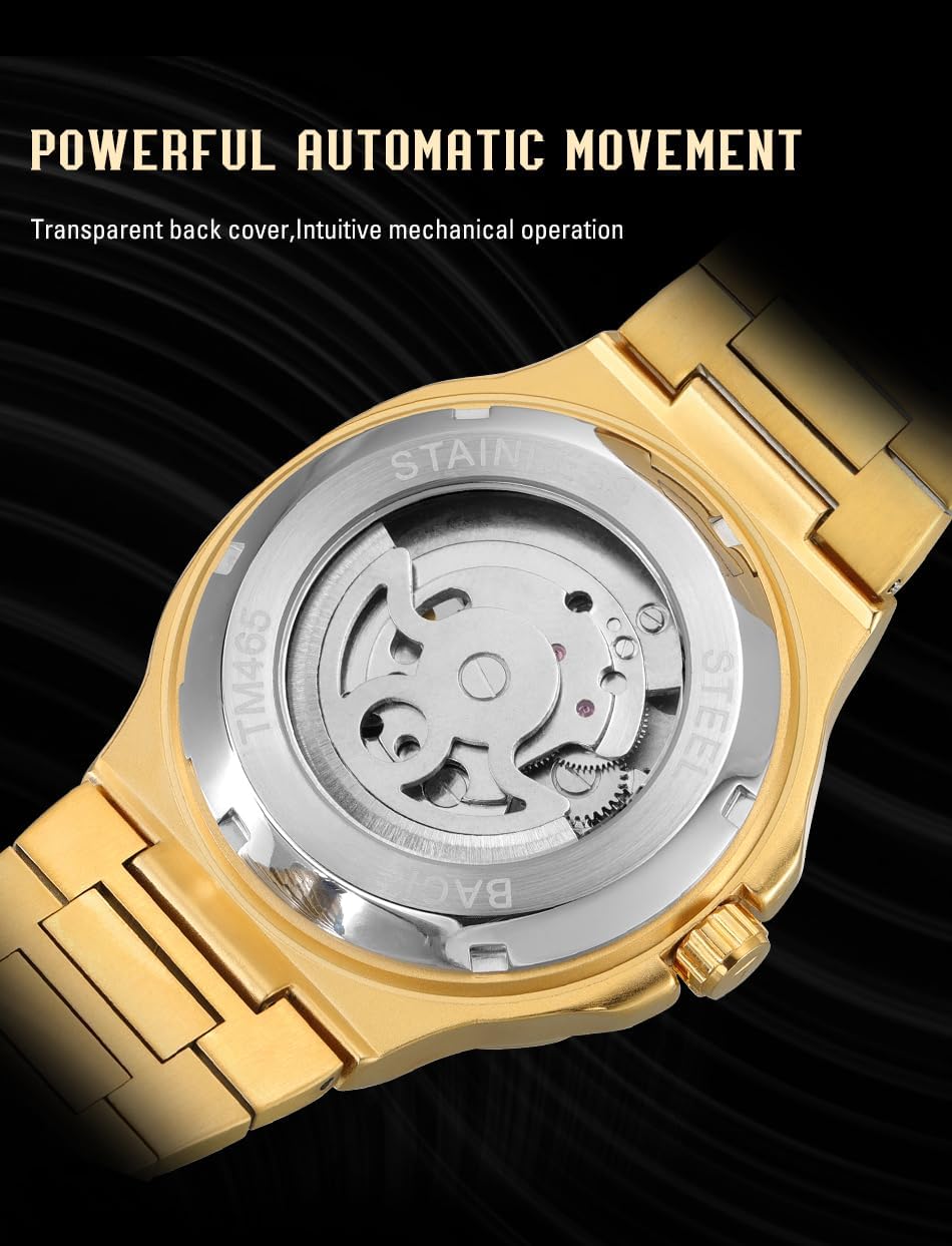 FORSINING Men's Luxury Automatic Self Wind Skeleton Analogue Sun and Moon Watch with Stainless Steel Strap