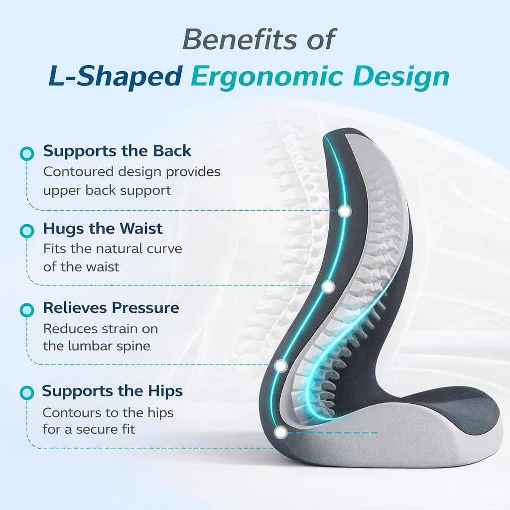 MOYEE Wide Memory Foam Seat Cushion with Lumbar Support for Office Chair & Car Seat, Ergonomic Design for Long Sitting, Gradual Relief & Lasting Support for Back, Tailbone & Sciatica Pain