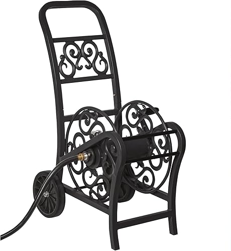 Suncast Carrito de manguera decorativo de metal de 200 pies con ruedas planas y tapas de pie, elegante carrito de carrete de manguera de jardín para
