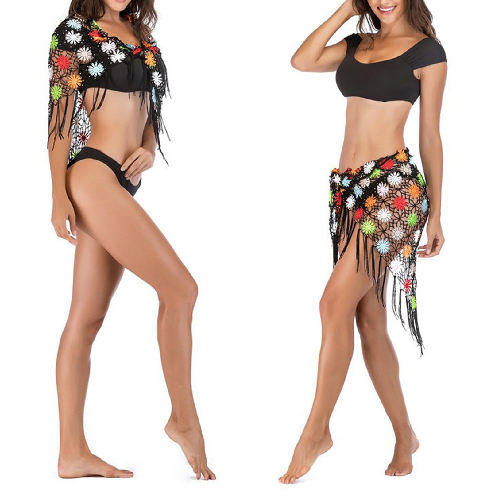 Donne Crochet Cover Up Gonna Fiori Colorati Scava Fuori Nappa Spiaggia Lavorato A Maglia Triangolo Scialle Wrap Sciarpa
