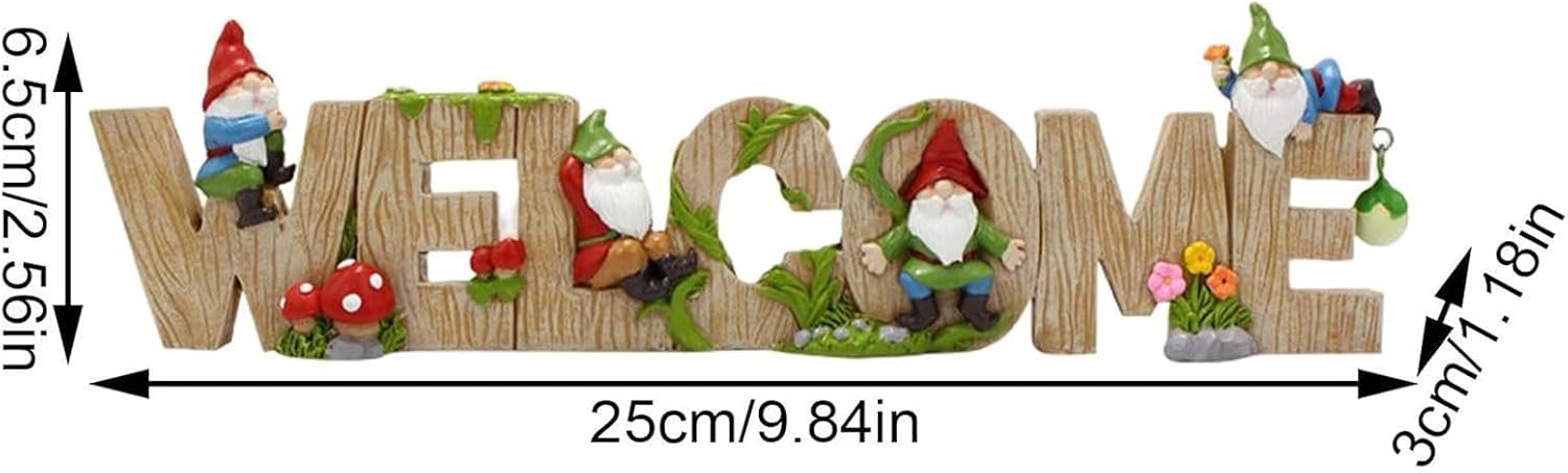 Welcome Gnome Resin Sign, Garden & Porch Decor, Hand-Painted “Welcome” Word with Mini Gnomes and Mushrooms, Table/Step/Flower Bed Accent, 9.84" Wide