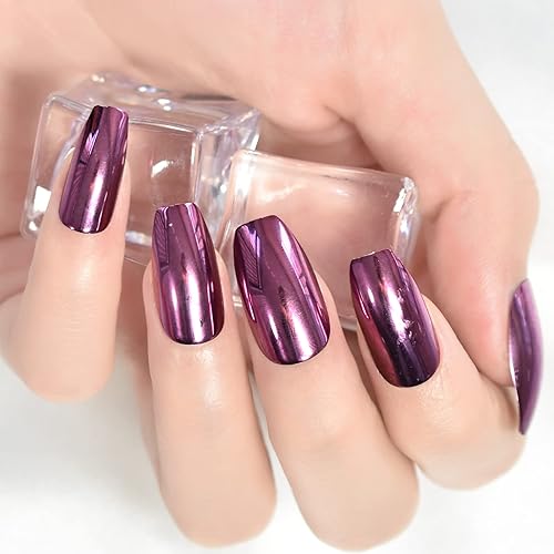 Uñas postizas cuadradas cuadradas medianas metálicas moradas con punta brillante espejo láser reflexión uñas a presión salón de manicura DIY mujeres