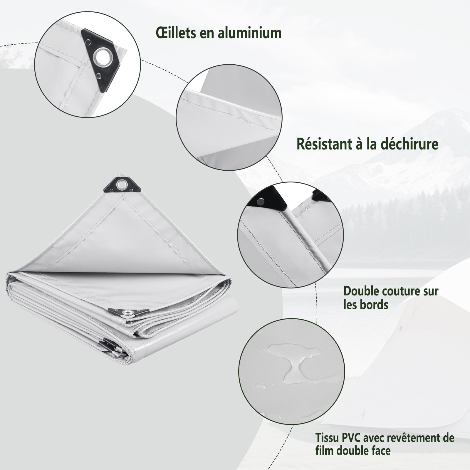Laneetal Bâche PVC Imperméable Ultra-Résistante 4x6m Gris Clair