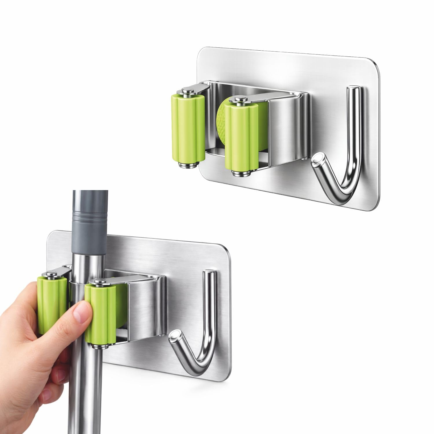 JIALTO 1 Pcs Stainless Steel Mop and Broom Holder, Broom Holder Wall Mounted, Adhesive Storage Solutions for Broom Holders, Garage Storage Systems Broom Organizer Mop Handles - Green