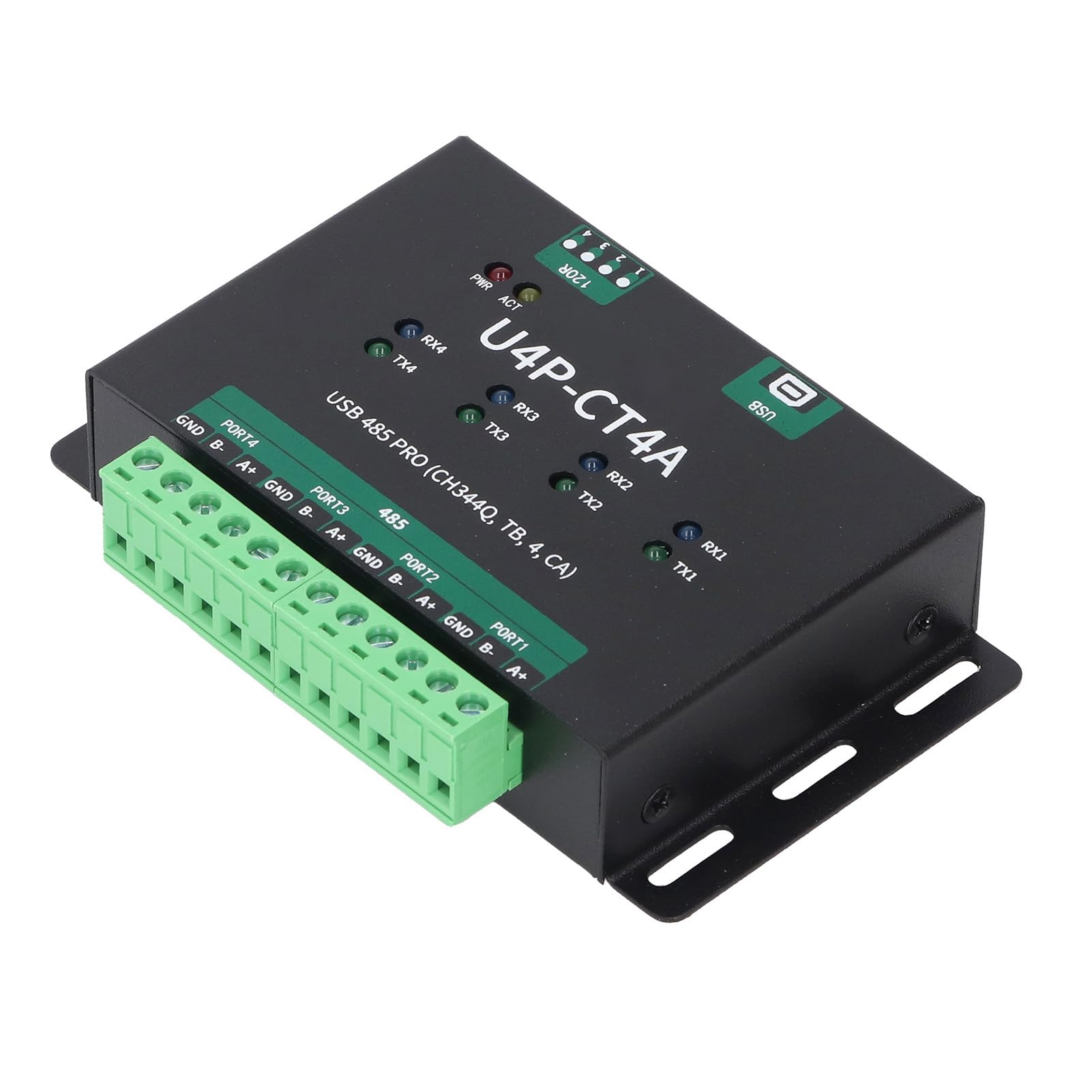 FILFEEL Adaptador Convertidor USB a RS485 de 4 vías: Módulo de Puerto Serie USB Aislado de Grado Industrial con Chipset CH344Q, Velocidad de Baudios de 3 Mbps, Carcasa de Aluminio y 4 Terminales