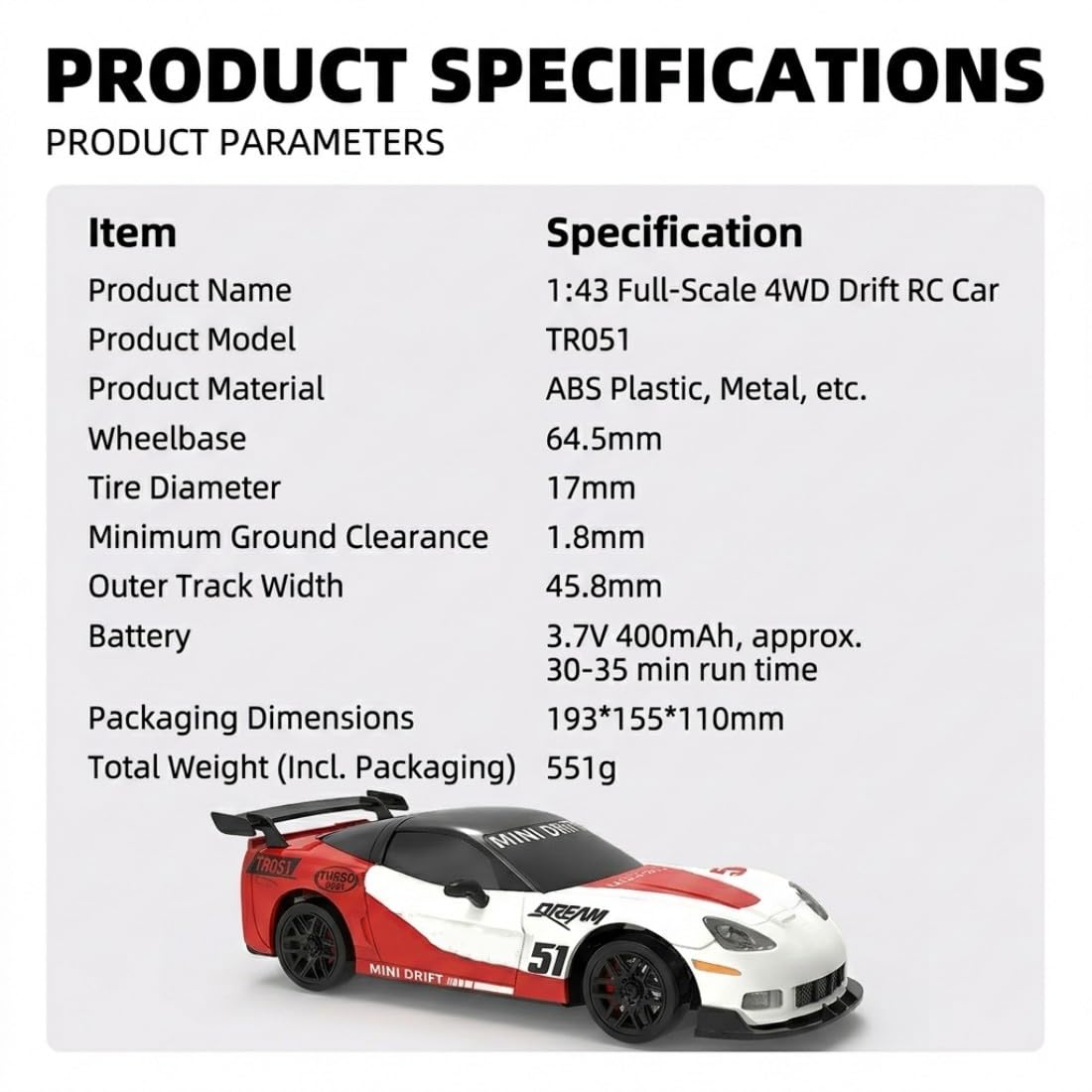 NULA TR051 RC Drift Auto 1:43 4WD Gyro Stabilizzazione 2,4 GHz Sport Racing Veicolo di Controllo Full proporzionale, pinze freno simulate, velocità massima 15 km/h, auto da corsa, rosso