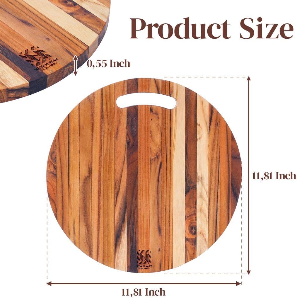 Teak Wood Round Cutting Board 12" x 12" x 0.6" Thin Edge Grain for Kitchen Prep, Cheese, Fruit, Serving - Lightweight Solid Wood Platter w/Hanging Hole, Non-Toxic by New M Way