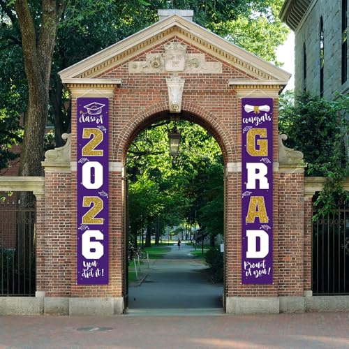 Image of Graduation Decorations 2026 Banner Porch Sign Purple Gold for Class of 2026 Graduates Party Supplies