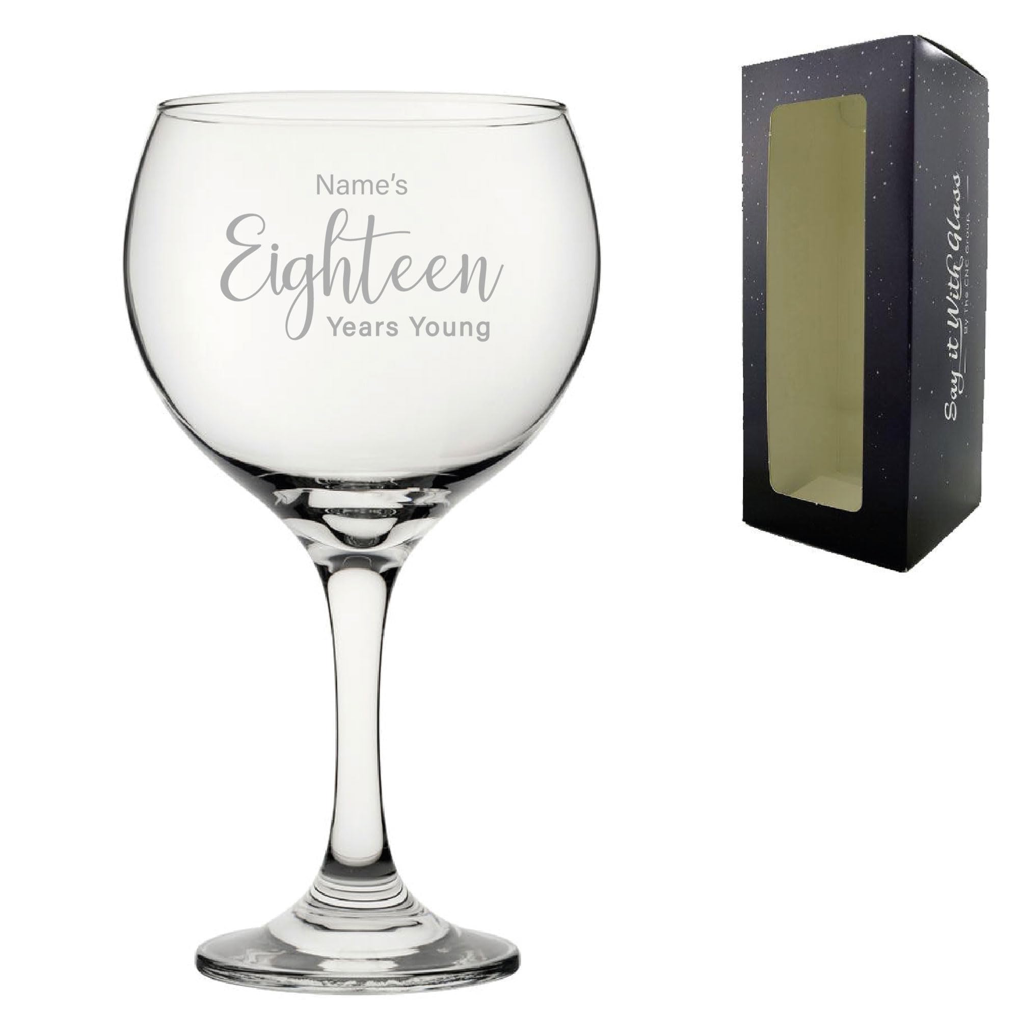 Personalised Engraved 18th Birthday Gin and Cocktail Glass, Name's 18 Years Young, Gift for Her, Delicate Font, 640ml or 22.5oz Cubata Gin Balloon, Engraved in The UK