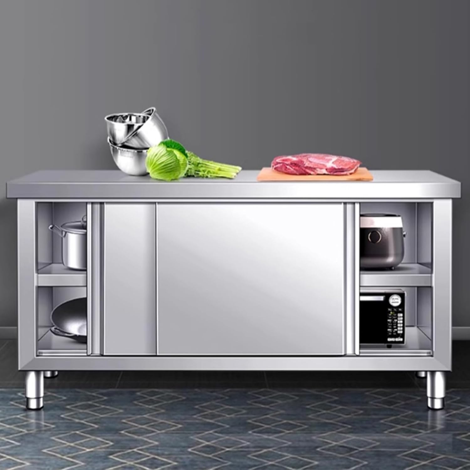 Stainless Steel Workbench Sliding Door Kitchen Prep Table Large Space Storage Cabinet Heavy Duty Metal Table Commercial Single Pass Workbench(31.5 * 15.7 * 31.5in)