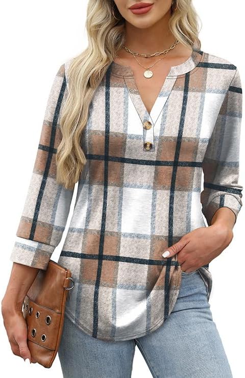 OFEEFAN Womens Tops 3/4 Sleeve Henley Shirts for Women Fall Fashion 2025 School Outfits for Teachers - Image 2