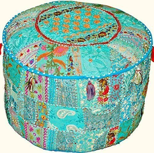 Indian Embroidered Patchwork Ottoman Cover,Traditional Indian Decorative Pouf Ottoman,Indian Comfortable Floor Cotton Cushion Ottoman Pouf,Indian Designs Ethnic Patchwork Pouf 18X13 inch (Sky Blue