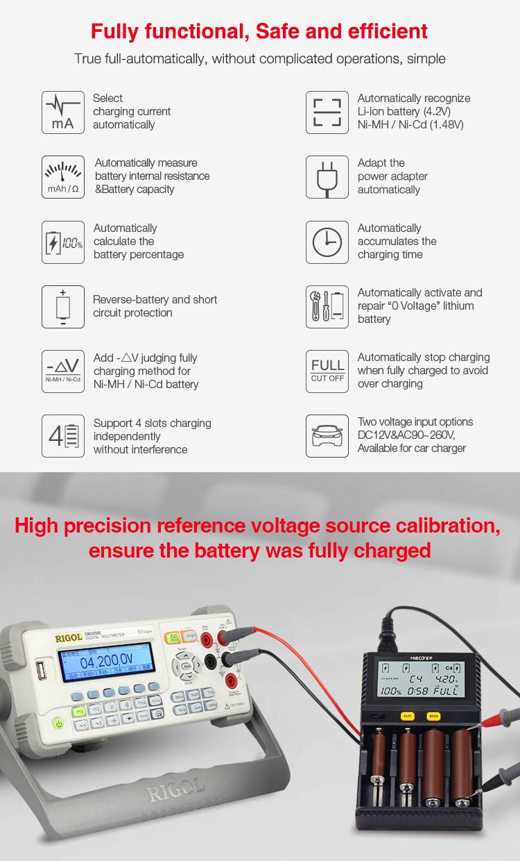 LGIDTECH C4 18650 Chargeur de Batterie Intelligent 4 emplacements avec écran LCD pour Batteries Rechargeables Li-ION (4,2 V/4,35 V)/IMR/INR/ICR/LiFePO4 (3,6 V)/Ni-MH/Ni-CD (1,48 V)