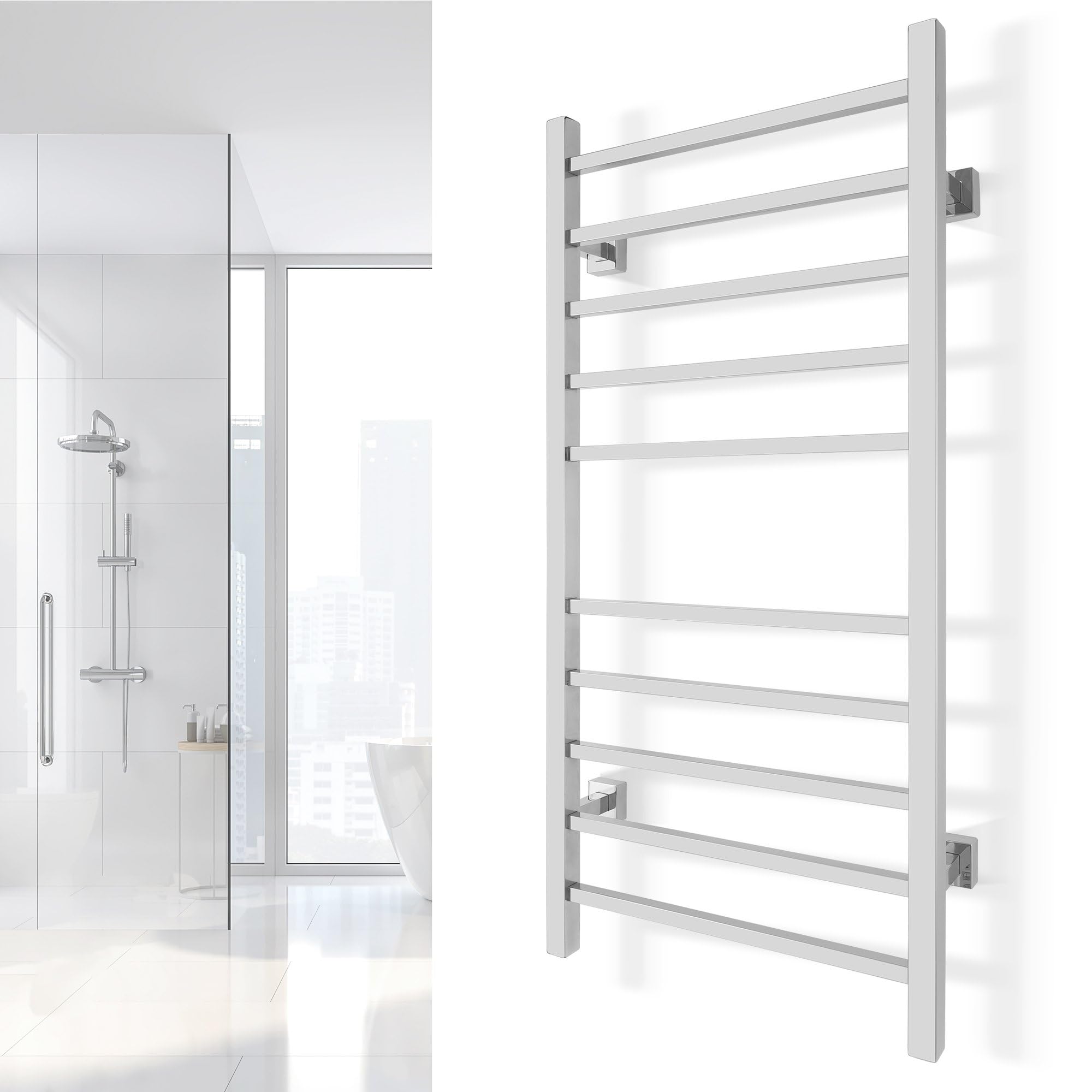 WarmlyYours Heated Towel Rack, 10-Bar, Polished Stainless Steel, Wall-Mounted Electric Towel Warmer, Plug-in or Hardwired, Overheat Protection, 150W (Metropolitan)