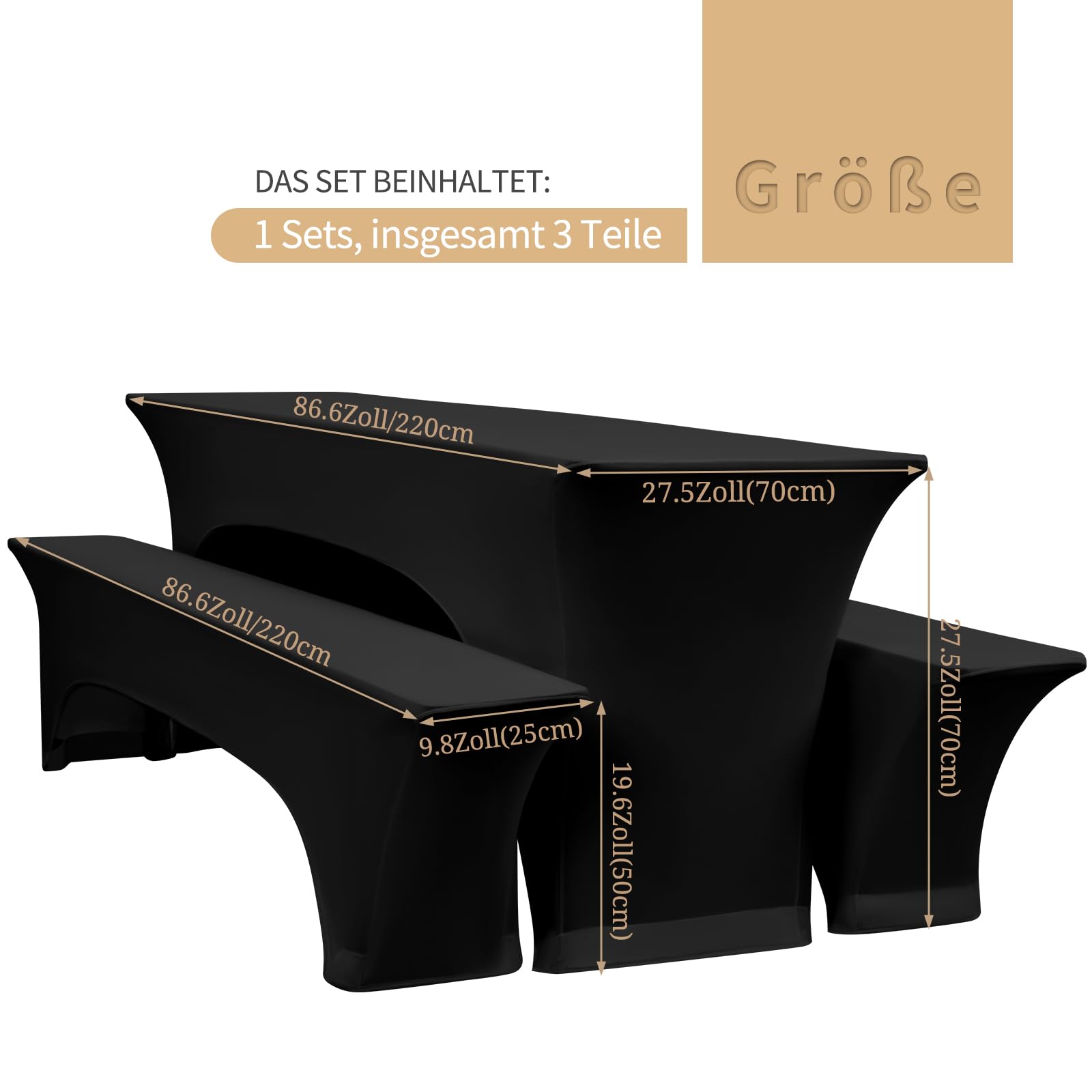 YMHPRIDE 1 set di coperture e tovaglie per panche da birra nere, larghezza tavolo 70 cm, set di tende da birra 220x70x70 cm per mobili da giardino per banchetti da giardino. (3 confezioni)