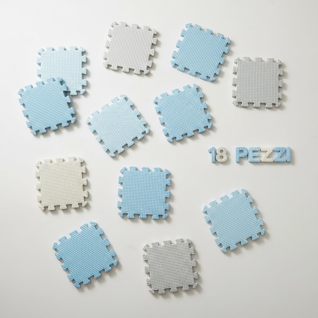 Tappeto Puzzle Bambini in EVA Antiscivolo – 18 Pezzi Blu e Grigio 29,5x29,5 cm, Morbido e Atossico, Tappetone Gioco per Gattonare, Certificato CE, WELLDER