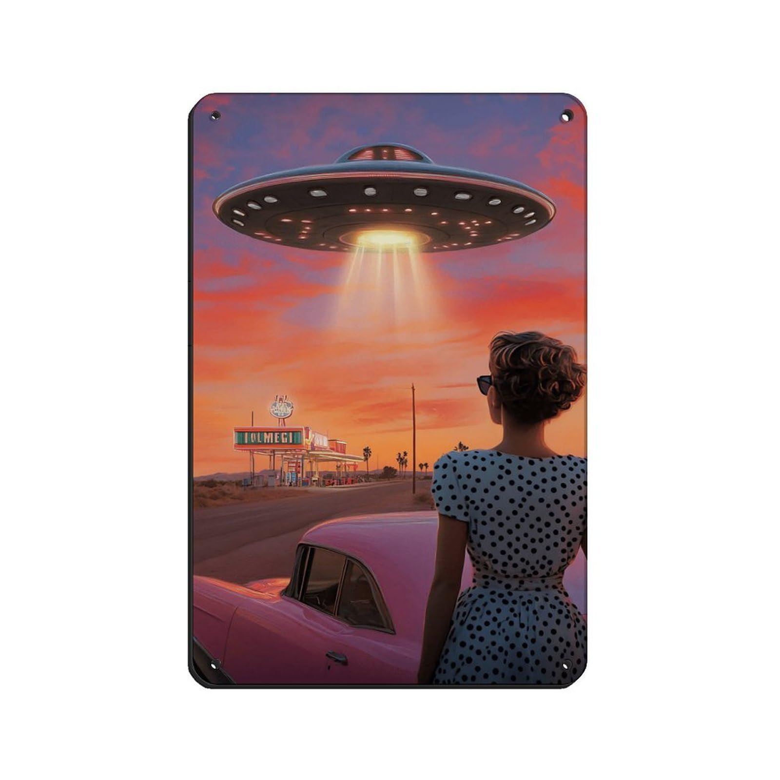 Retro UFO Diner Scene,Sci-Fi Wall Decor Tin Sign Vintage Metal Pub Club Cafe Bar Home Wall Art Decoration Poster Retro 8x12inch(20x30cm)