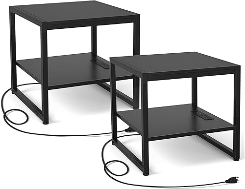 Miniatura 14 de Homieasy - Mesa auxiliar con estación de carga, mesa lateral cuadrada de 20 pulgadas con puertos USB y tomas de corriente, mesita de noche negra con