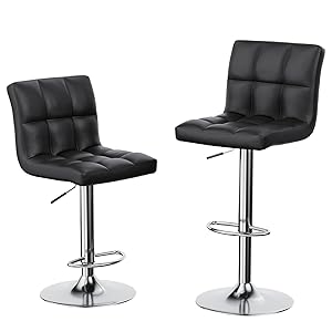 bigzzia Taburete de Bar Juego de 2, Taburetes Altos de Cocina, Cuero Sintético Silla de Bar Regulable en Altura con Respaldo y Reposapiés, Giratorio en 360°, para Cocina, Mostrador, Bar, Negro