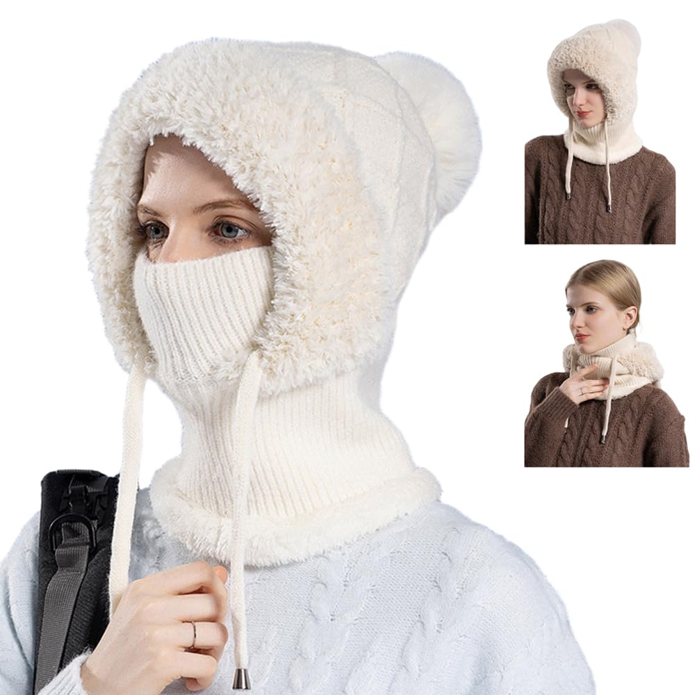 Toerjii Wintermütze Damen,Balaclava Damen,3 in 1 Beanie Mütze Warm Strickmütze & Halswärmer Sets,Multifunktional Verstellbar Gesichtsmaske für Täglich und im Freien