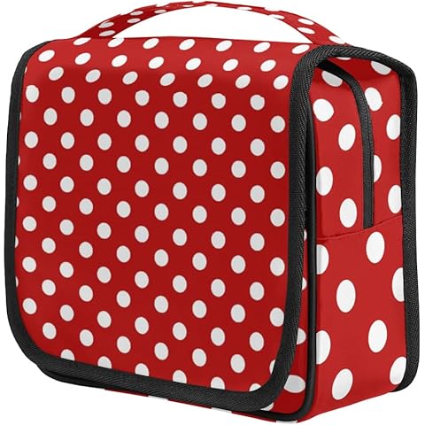 cfpolar Red Polka Dot Travel Toiletry Bag with Hanging Hook, Waterproof Toiletries Travel Bag for Women Girls, Portable Make Up Bag Organizer, Hanging Travel Case Cosmetics Bag for Bathroom Travel Cover