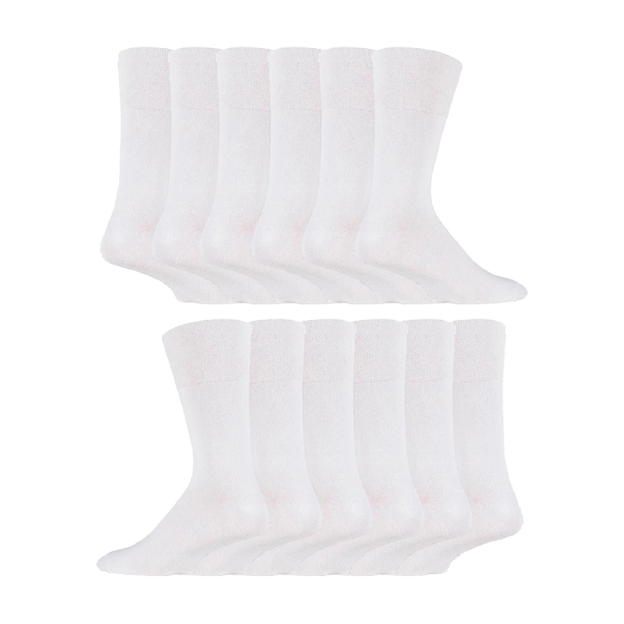 IOMI 12 Pair Multipack Gentle Grip Top Diabetic Socks Mid Calf Loose Top Non Elastic Cotton Socks with Handlinked Seamless Toe (6-11, White)
