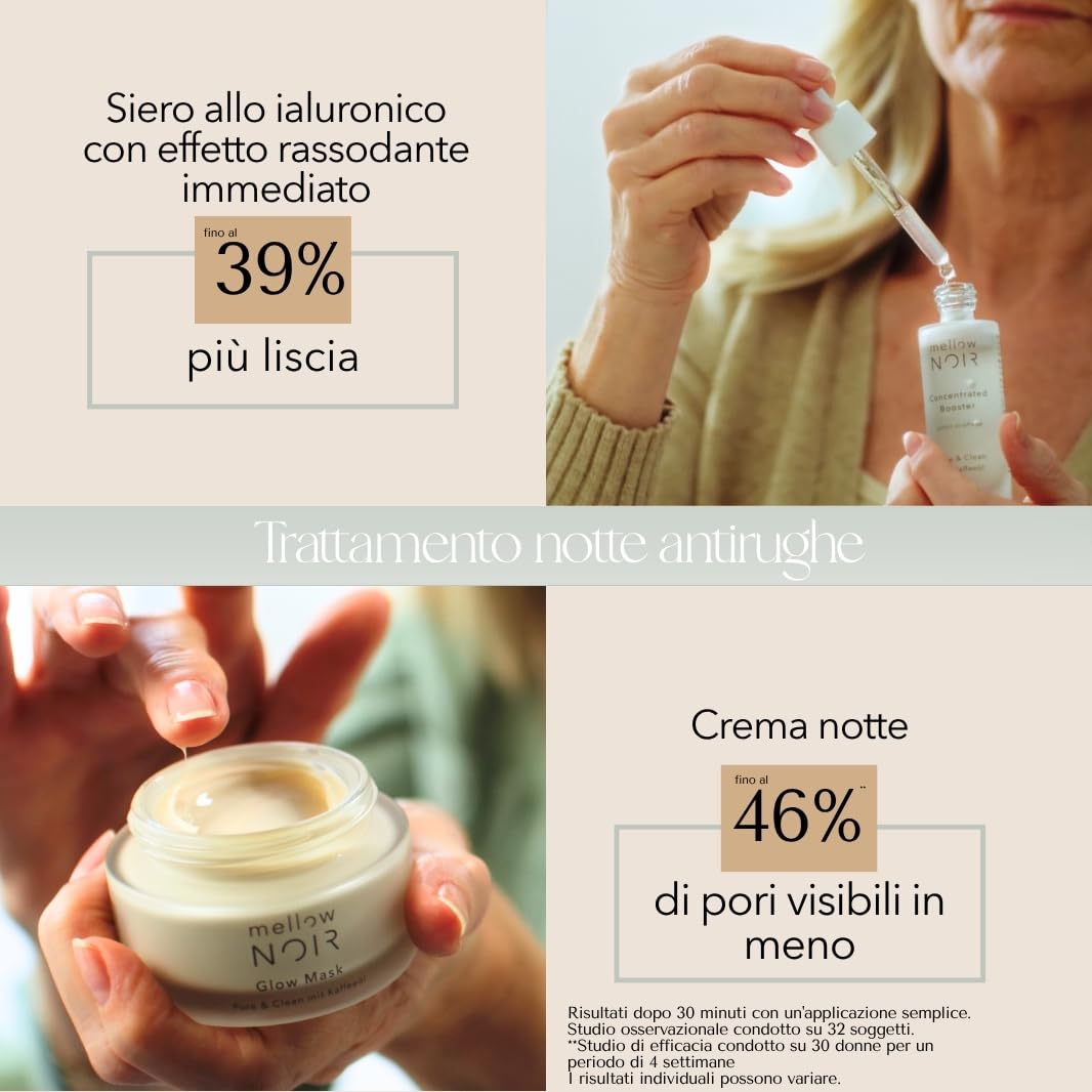 mellow NOIR Duo di trattamenti notturni antirughe - Siero allo ialuronico con crema notte - Effetto rassodante immediato, riduce pori visibili e arrossamenti