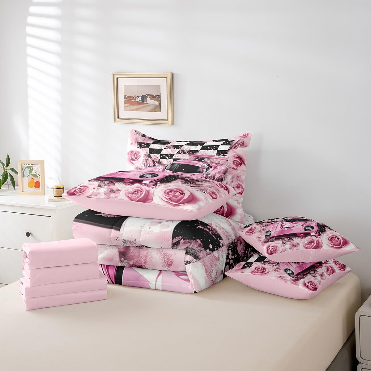 Manfei Racing Car Comforter Set in a Bag 7 Pieces,Pink Flower Rose Bedding Set,Quilt Double-Sided Printing Duvet,Twin (1 Comforter,2 Pillowcase,2 Pillow Covers,1 Flat Sheet,1 Fitted Sheet)