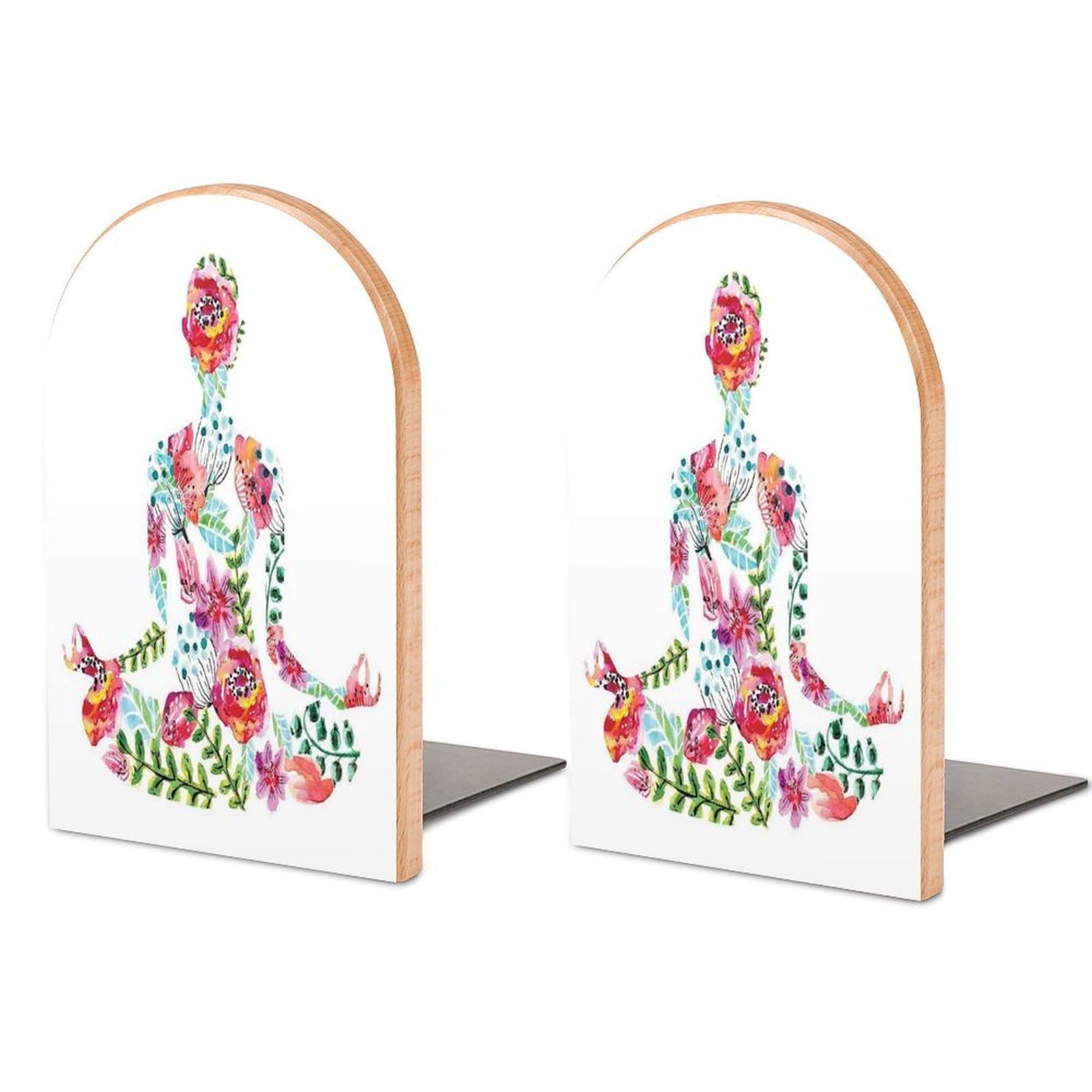 Silhouette in Lotus Pose with Blooming Watercolor Flowers Beech Wood Bookends Heavy Duty Book Organizers Desktop File Holder for Office Home Bookshelf