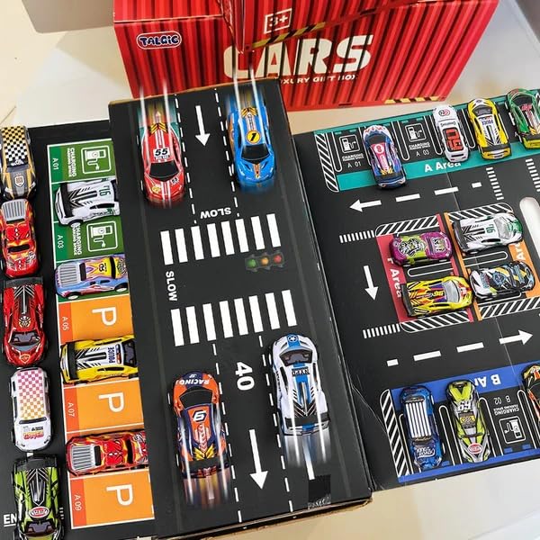 Image of Toy Cars for Kids, 48 Pull Back Race Cars Toys, Container Storage Box, Die Cast Metal Toy Cars Set, Dinosaur & Racing Pattern, Race Car Party Favors, Small Cars for Toddlers 3-5