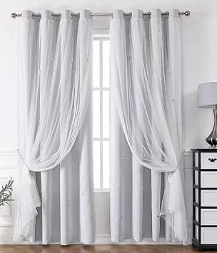 DBOZE Star Curtain with White Sheer Blackout Curtains for Bedroom Double Layer Curtains,2 Panels White