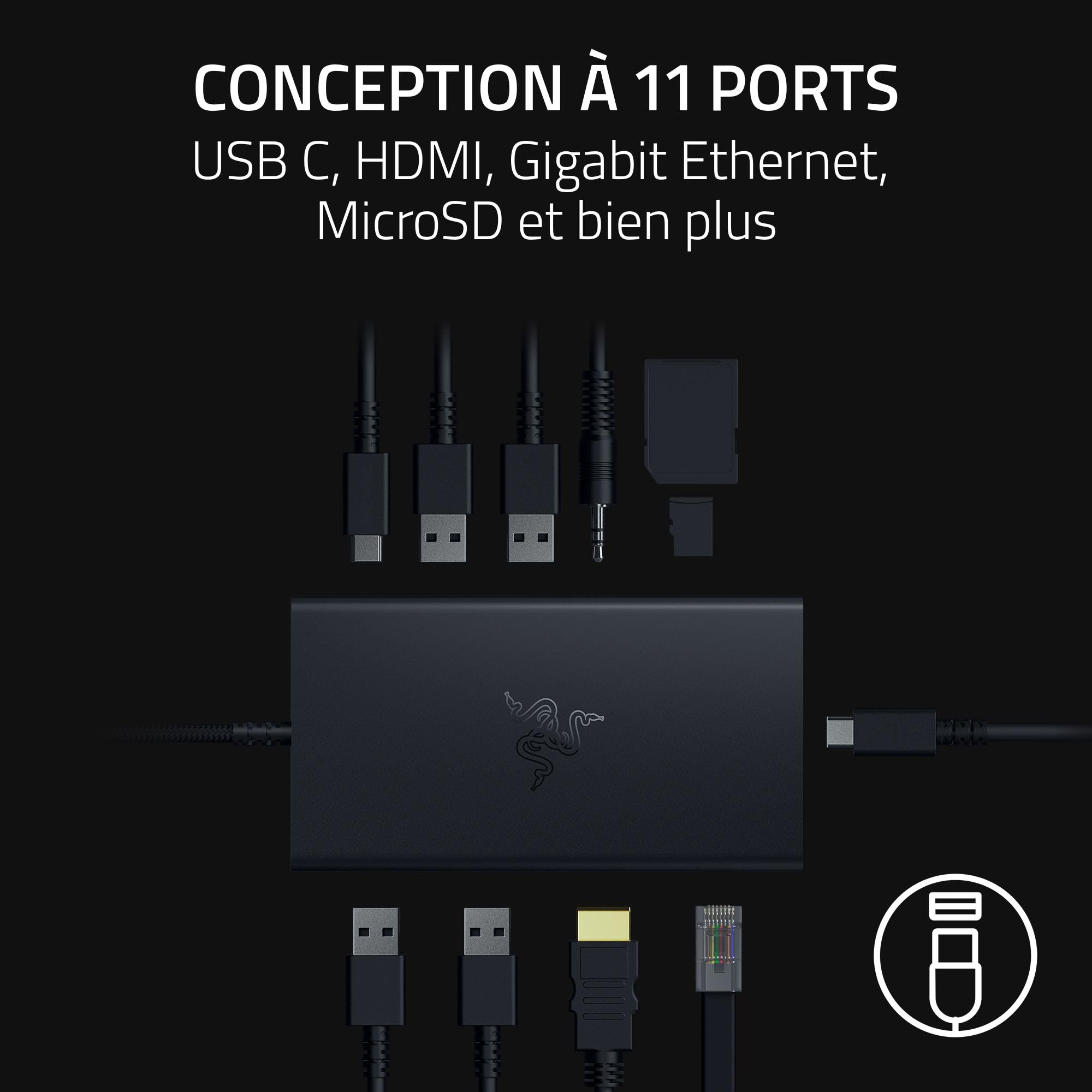 Razer Station d'accueil USB-C - 11 Ports avec HDMI, Gigabit Ethernet, Port Audio 3,5 mm, USB-A et -C, Compatible avec Windows et Mac (Sortie d'écran avec 4K, Son Surround 7.1) Noir