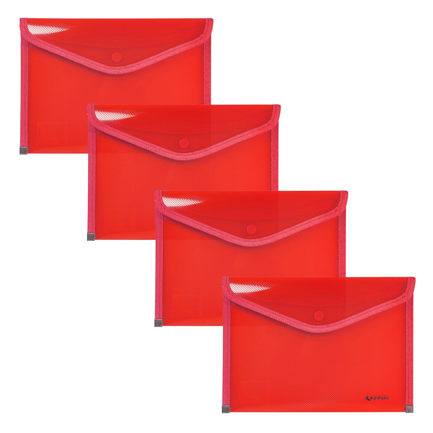 Grafoplas - 4 Plastic Folder Envelopes with Button Closure, Fabric Trim, 24.5 x 17.5 cm, Translucent Red, for Small Documents A5 or Less, Perfect as Portfolios in The Office