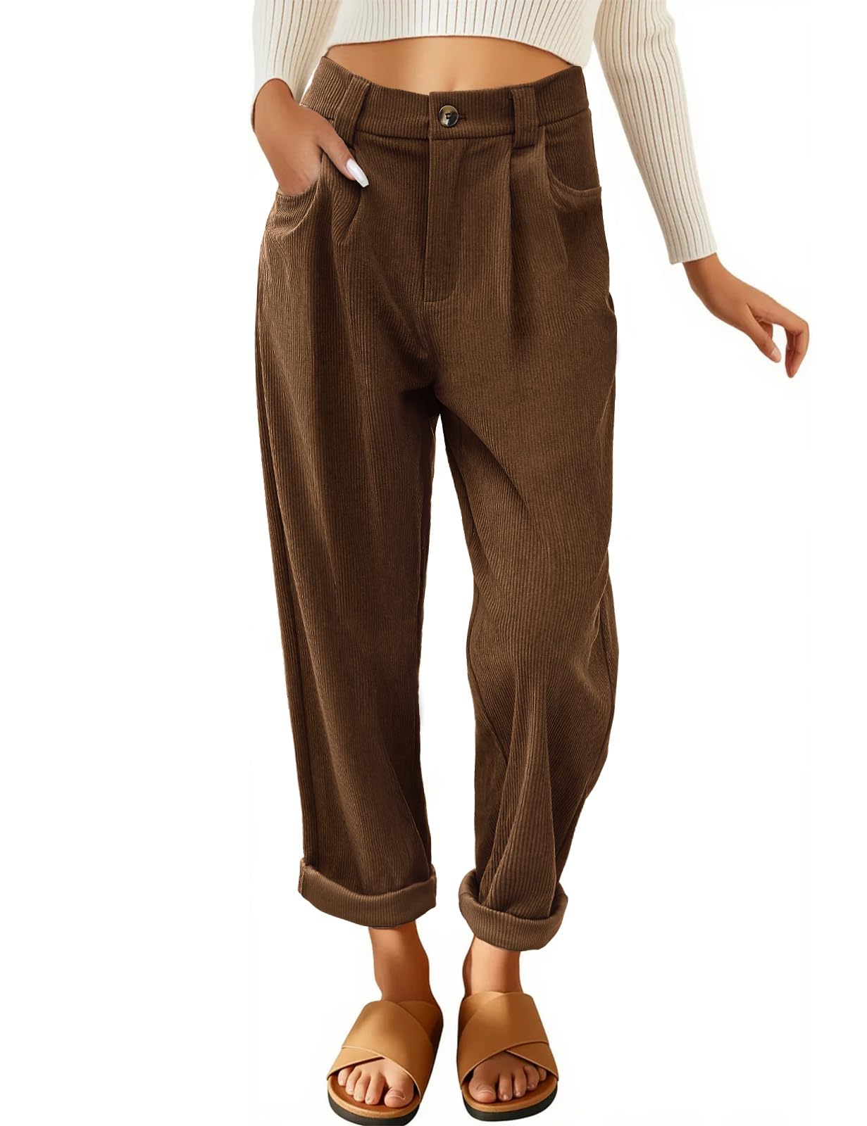 Corduroy broek voor dames, casual, hoge taille, taps toelopende broek, katoen, rechte pijpen, effen, vrijetijdsbroek met zakken, Donkergrijs, S