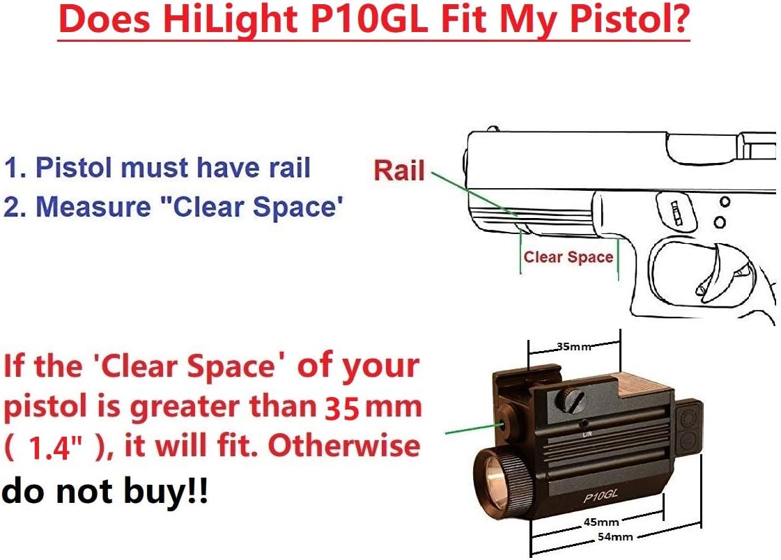 HiLight P10GL Pistol Green Laser Sight Light Combo with 500 Lumen Flashlight USB Rechargeable for Compact Pistols Like Glock 19. Class IIIA <5mW