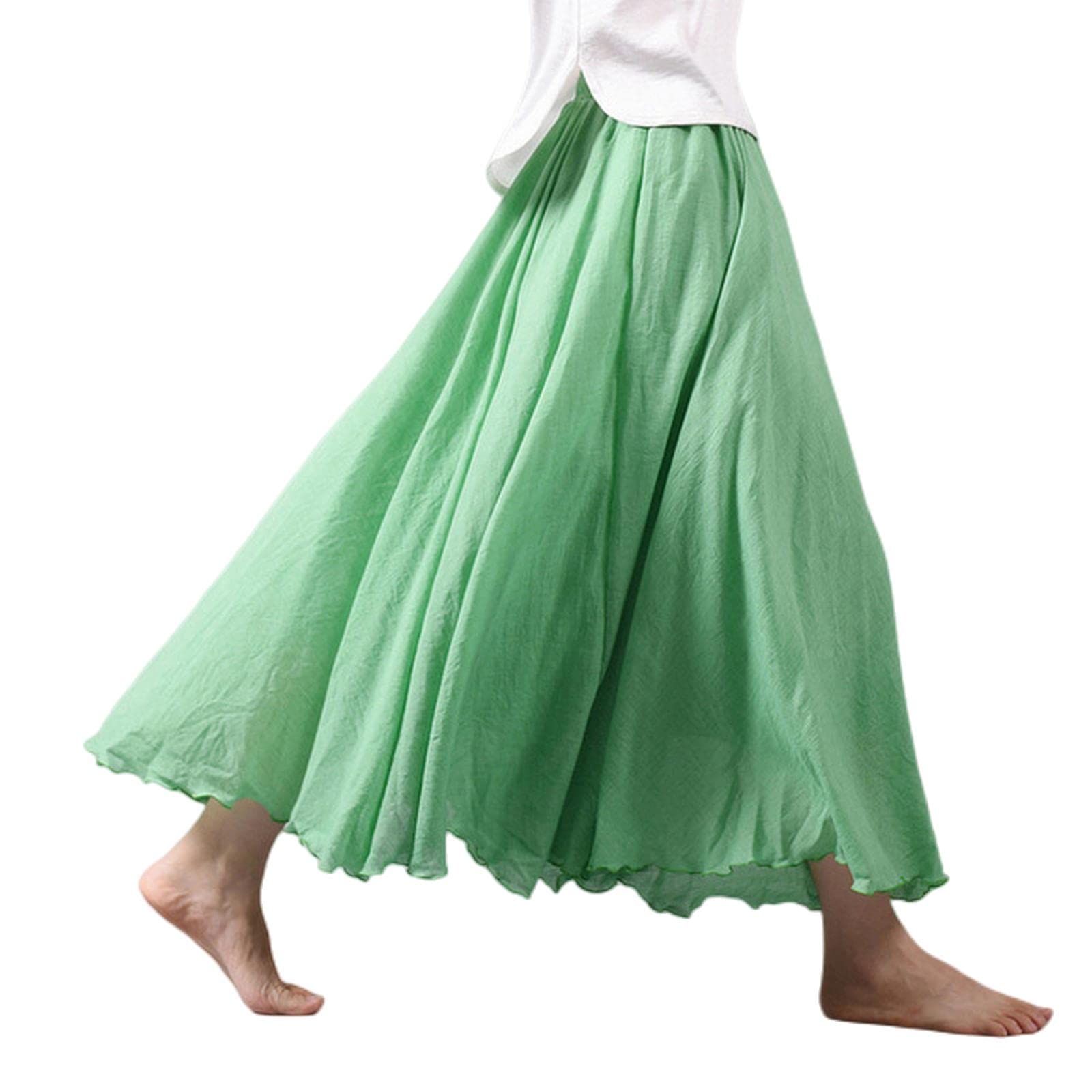 Jupe longue plissée en lin et coton pour femme - Taille élastique - Jupe d'été vintage, Vert, 40