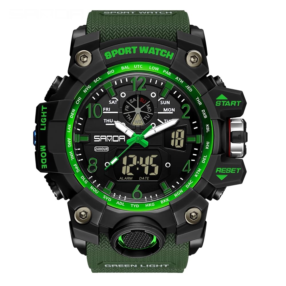 AIMES Men's Watches Outdoor Sports Waterproof Military Watch Tactical Digital Analog Wrist Watch Date Multi Function Led Large Face Alarm Stopwatch for Man army green-3169