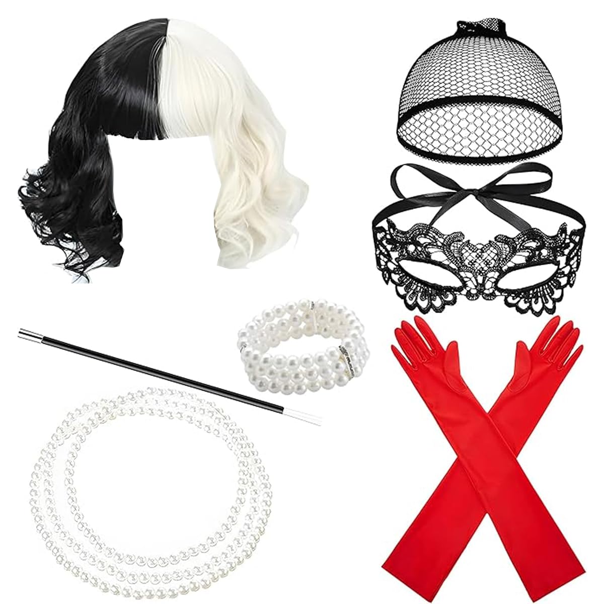 Jyeennar 7pcs Black and White Witch Set, Cruella Costume Accessories with Wig,Headband, Eye Mask,Necklace,Wristband, Nagic Wand, Gloves,for Halloween Theme Party