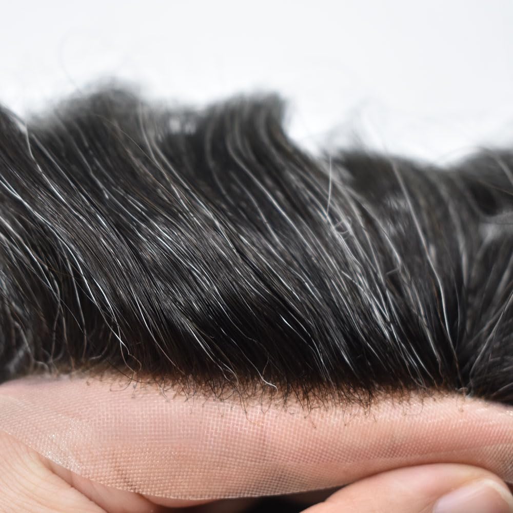 LYRICAL HAIR Toupee for Men Full Swiss Super Welded Lace Mens Toupee Human Hair Replacement System for Men (#1B20 Off Black+20% Gray-100% Light to Medium density, 8"X10")
