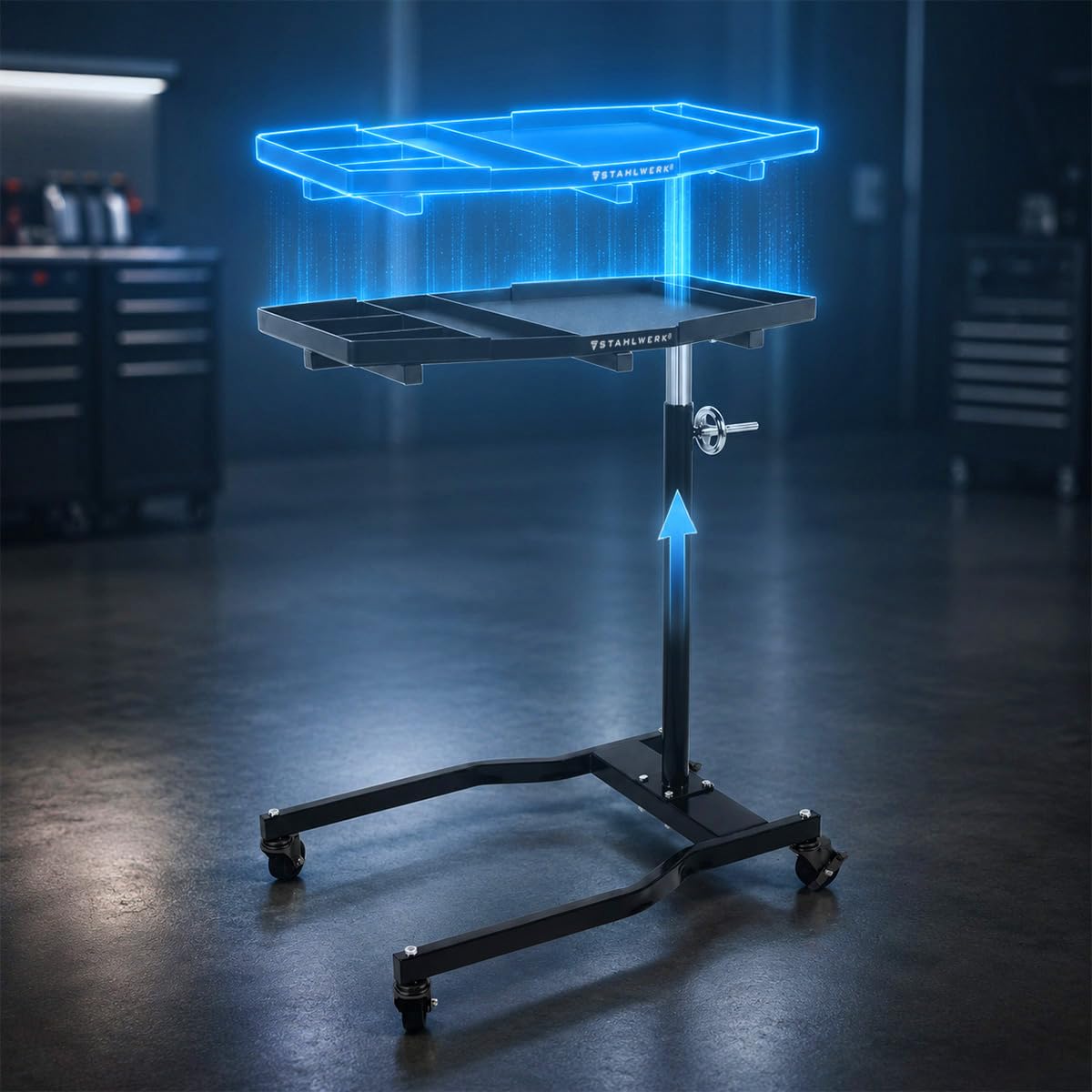 STAHLWERK Mesa de trabajo regulable en altura de 90 a 140 cm, capacidad de carga de 75 kg | Banco de trabajo móvil con 4 ruedas giratorias para garaje, taller y bricolaje