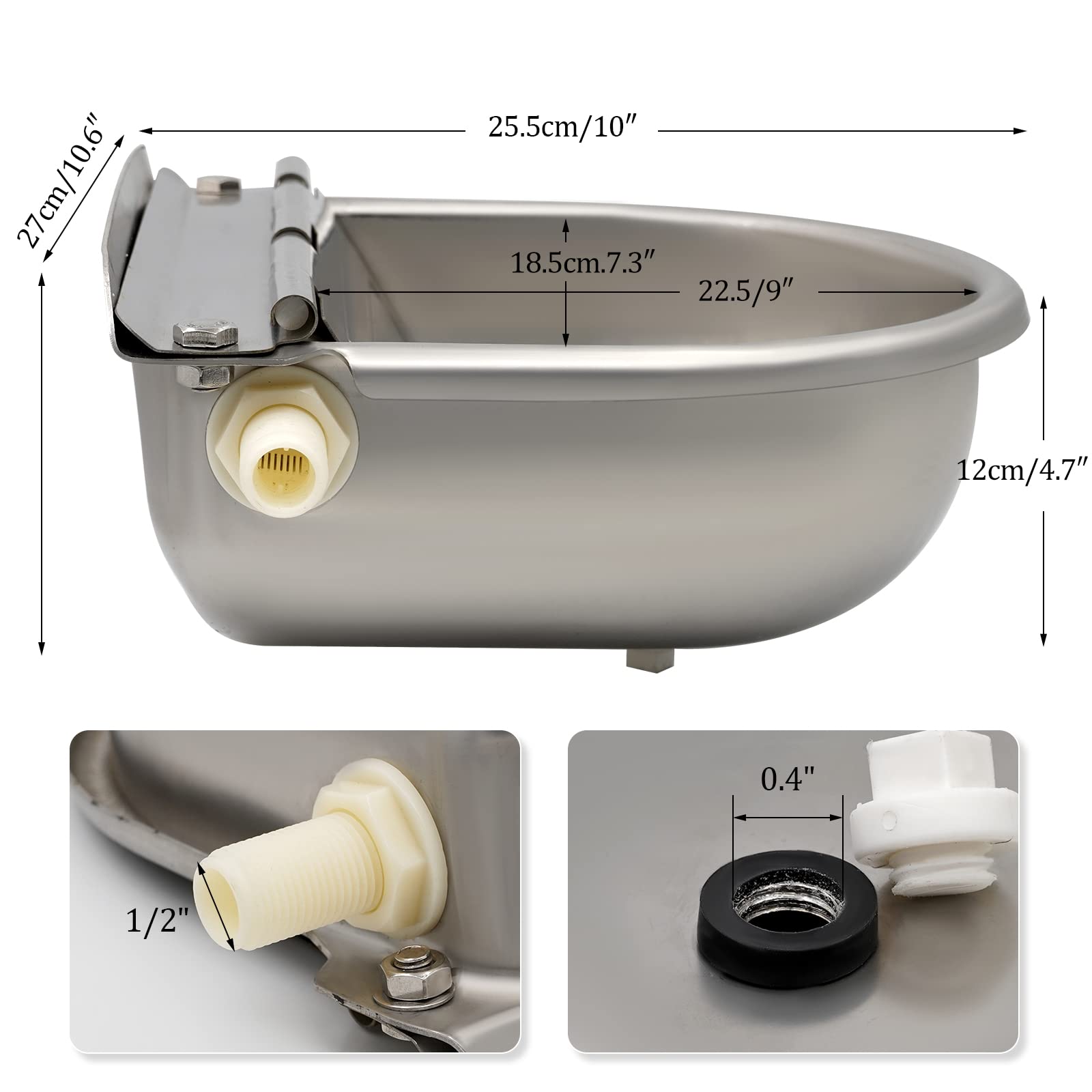 Bebedero Automático de Acero Inoxidable con Tapón de Desagüe y Válvula de Flotador, Dispensador de Agua para Perros, Caballos, Cabras y Cerdos