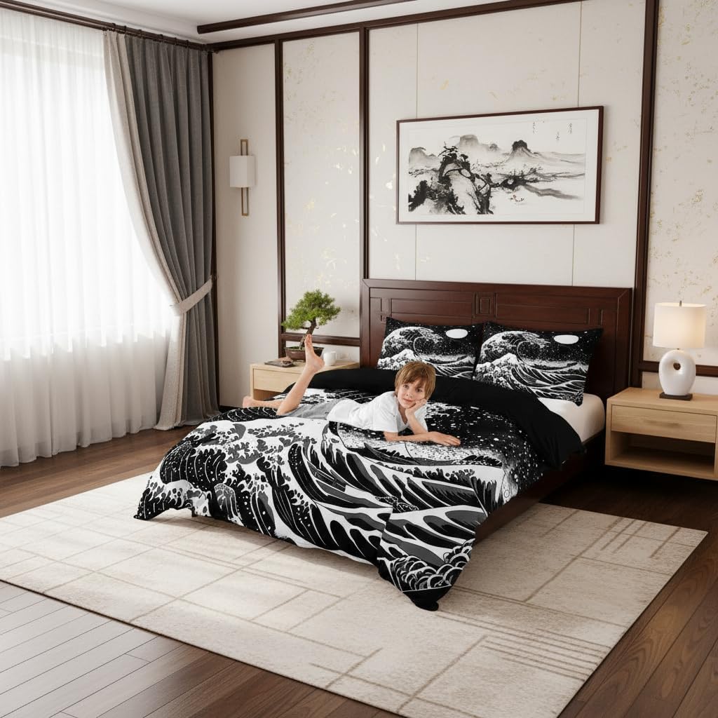 Castle Fairy Moon Girls Bedding Set Twin Size, Ocean Waves Mountain Fuji Print Duvet Cover Set,Marine Coastal Nautical Theme Room Decor,Black Quilt Cover,1 Pillowcase(No Comforter)