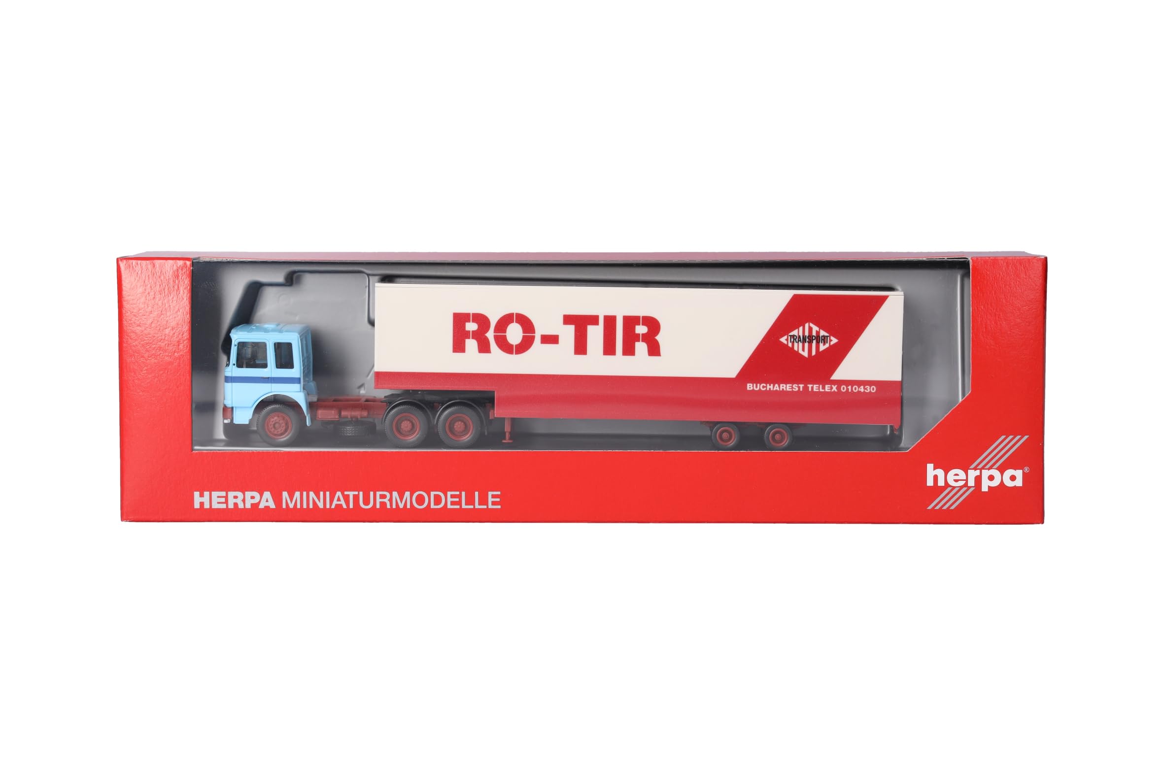 Herpa model ciężarówki Roman Diesel 6x4 zestaw z naczepą Jumbo „RO-TIR” (Rumunia), miniatura w skali 1:87, model kolekcjonerski, Made in Germany, tworzywo sztuczne
