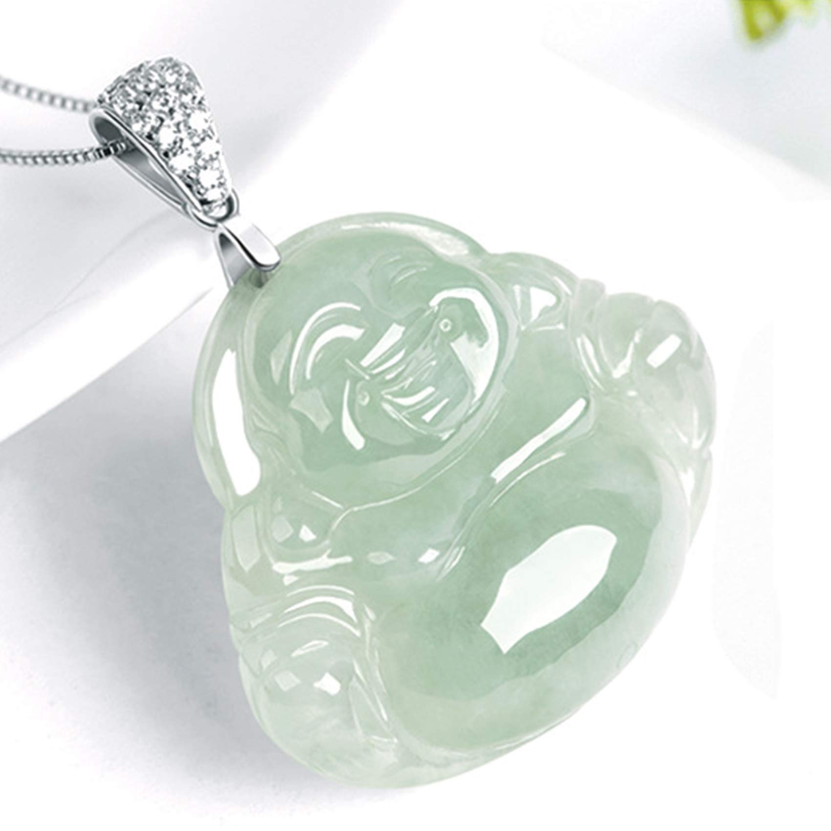 UTHTY Feng Shui Wealth Jade Necklace for Women Natural Jadeite Jade Laughing Buddha Maitreya Buddha Pendant Necklace Silver Clip Clasp Silver Chain Amulet Attracting Wealth