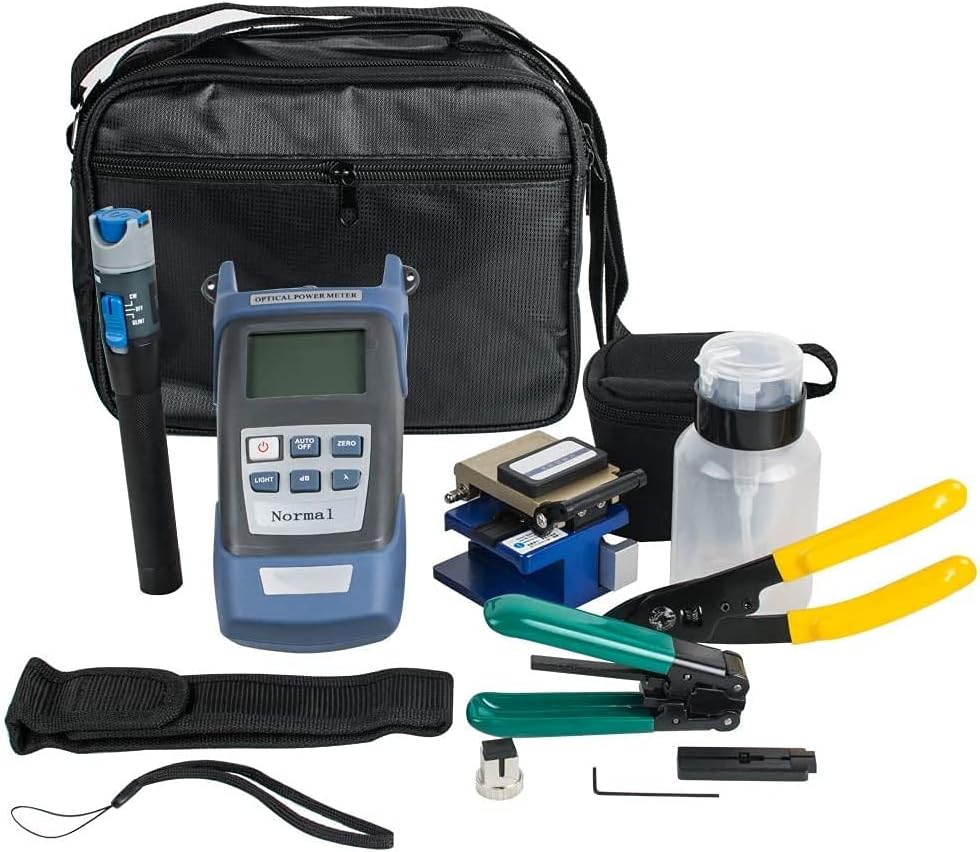 Fiber Optic FTTH Tool Kit FTTH Assembly Optical Fiber Termination Tool Kit with FC-6S Cleaver Optical Power Meter Visual Fault Locator 1mw Finder Cable Cutter Stripper 5km